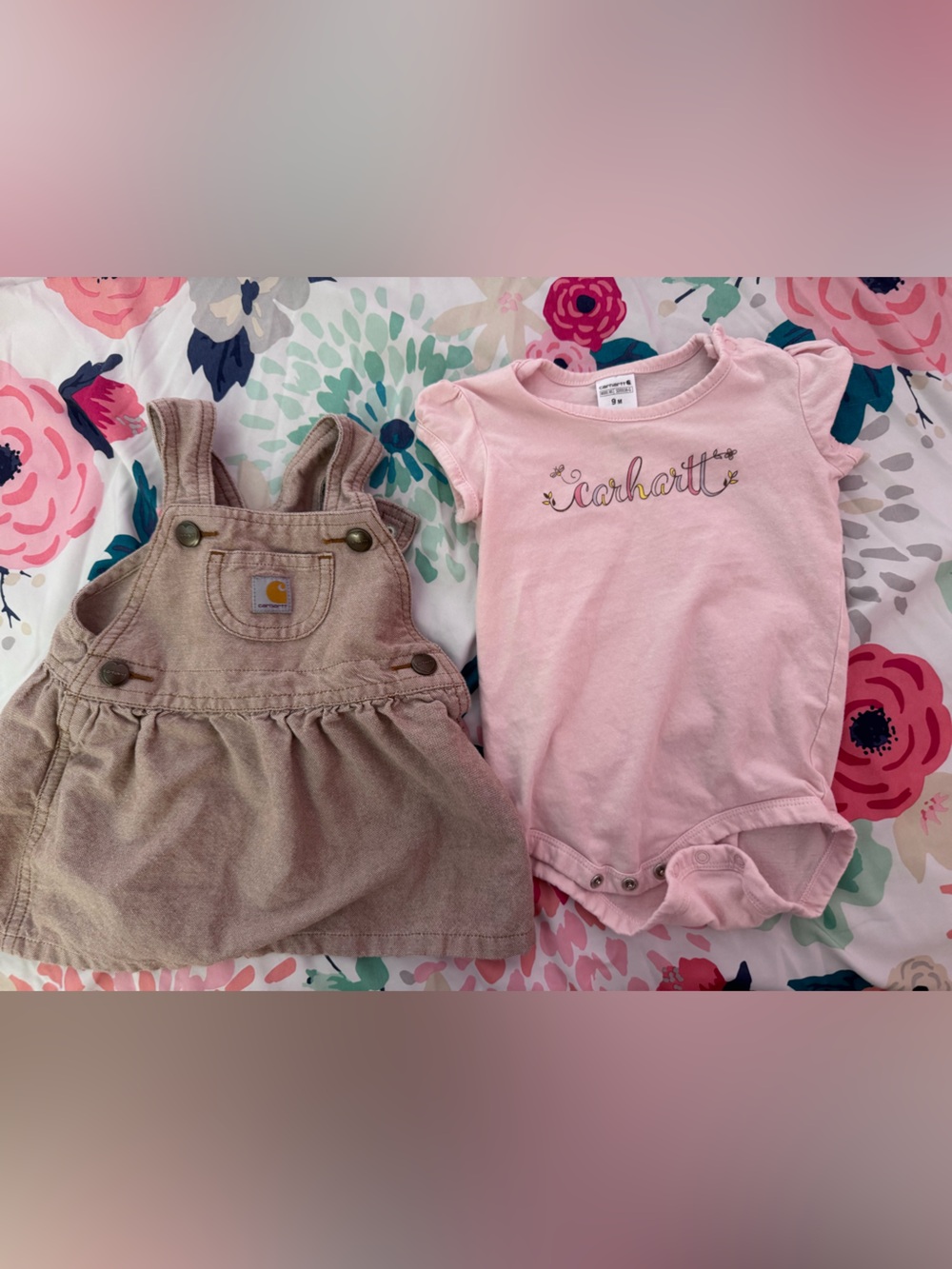 Carhartt Pink Bodysuit with Tan Corduroy Skirtall